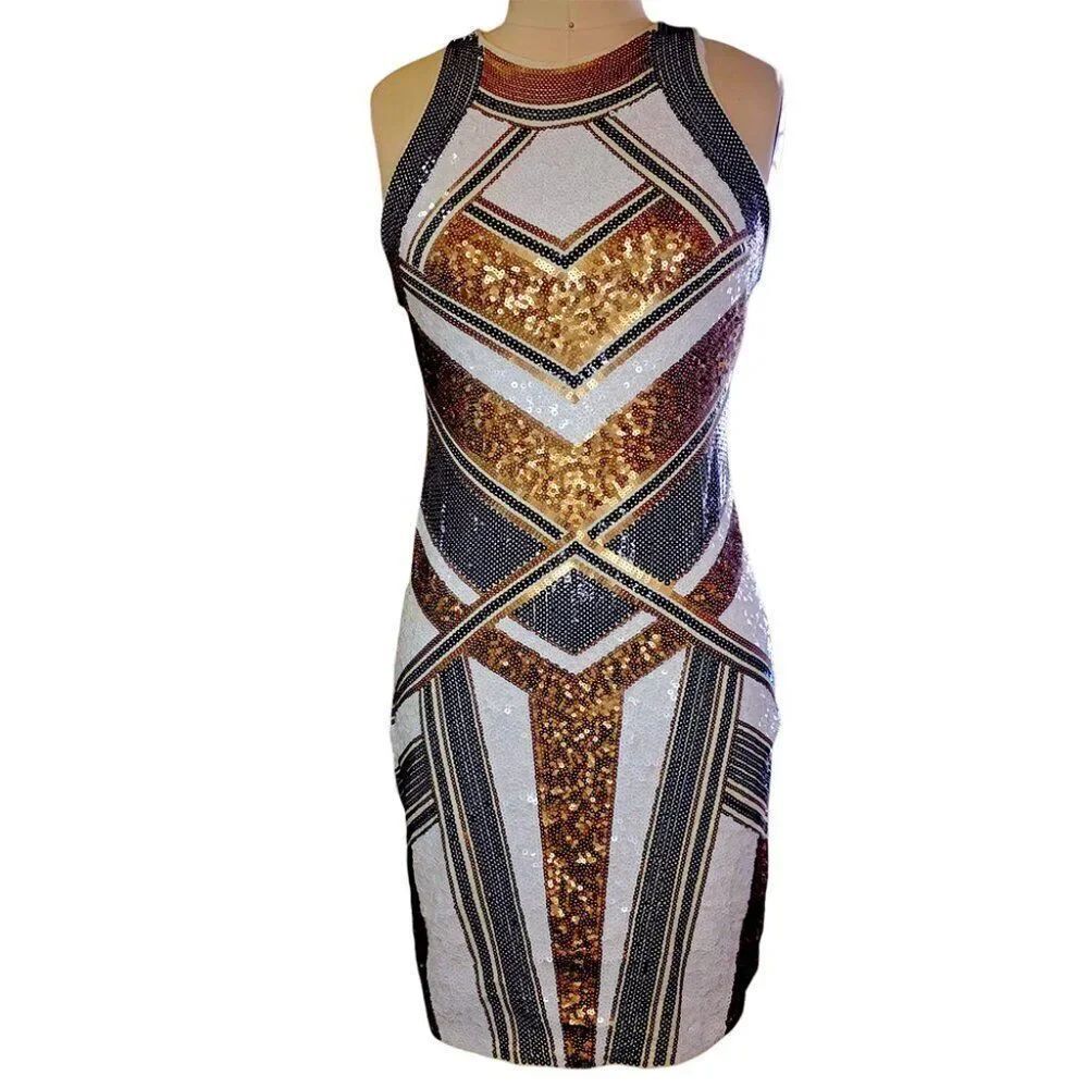 Express Sequin Art Deco Cocktail Dress Cream Gold Black SP